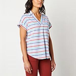 LIZ CLAIBORNE women's short sleeve Shirt v neck striped Blue Red XXL w-024